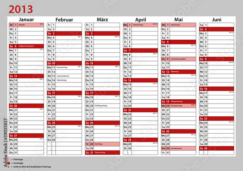Kalender Deutschland 2013 Januar - Juni