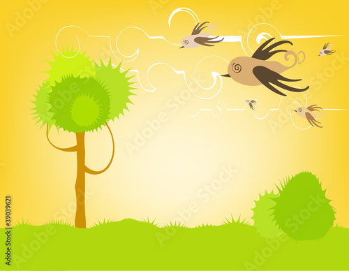 cartoon birds are flying on brown background of nature