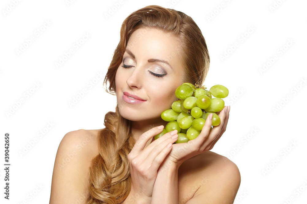 smiling beautiful woman holding a bunch of grape smiling beautiful woman holding a bunch of grape