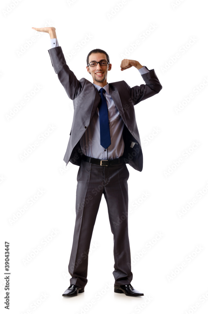 Businessman pushing away virtual problems Businessman pushing away virtual problems
