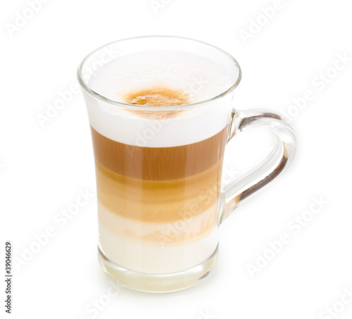 Fragrant сappuccino latte in glass cup isolated on white