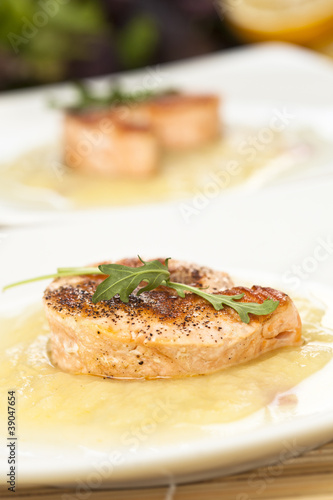 skewer of grilled seasoned salmon