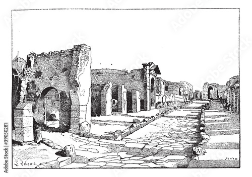 Pompei, way of the tombs, vintage engraving.