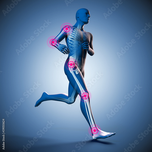 Laufender Mann Silhouette mit Skelett und Gelenkschmerzen #39050624