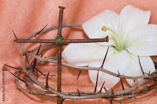 Crown of Thorns  crucifix and Easter white Lily