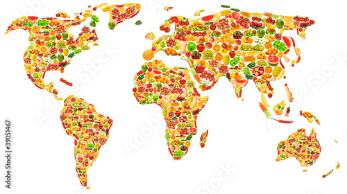 World map made of many fruits and vegetables