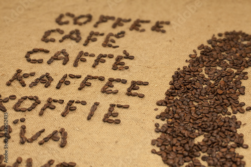 Word coffee in various languages at an angle