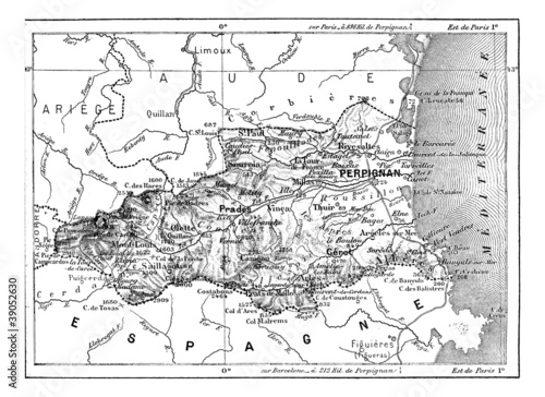Department of the Eastern Pyrenees, vintage engraving.