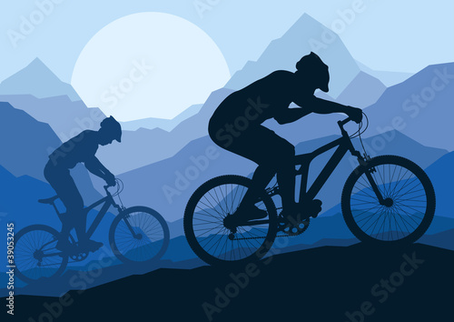 Mountain bike bicycle riders in wild mountain nature landscape