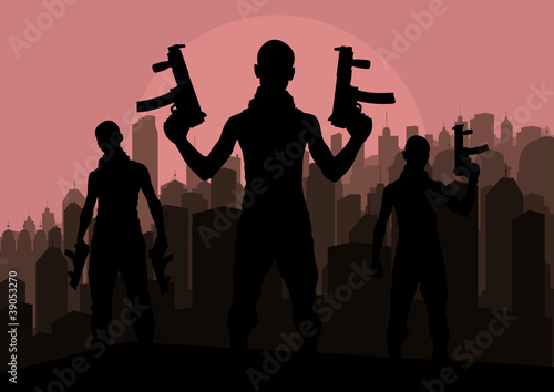 Bandits and criminals silhouettes in skyscraper city