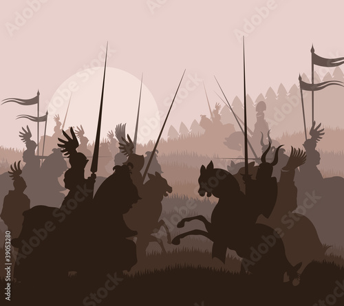 Medieval knights in battle vector background