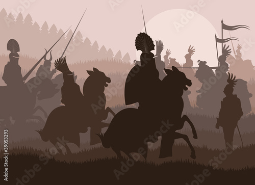 Medieval knights in battle vector background, rider leader