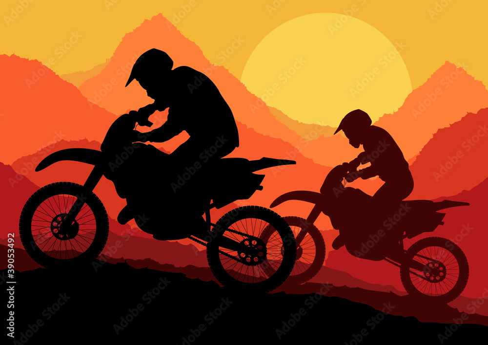 Obraz premium Motorbike riders in wild nature landscape background