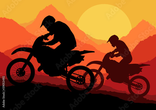 Motorbike riders in wild nature landscape background