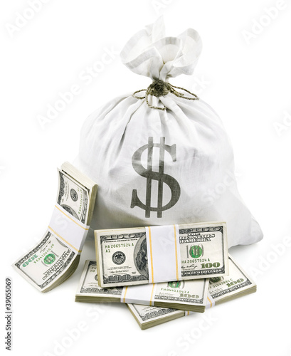 full sack with dollars money packed in bundles isolated on photo