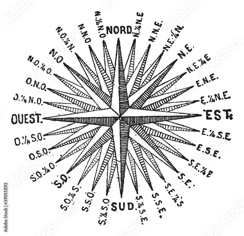 Compass Rose or Windrose, vintage engraving.