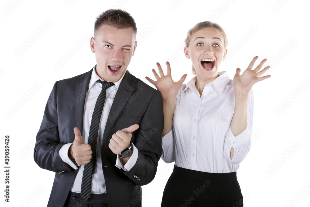 Happy smiling successful gesturing businesspeople Happy smiling successful gesturing businesspeople