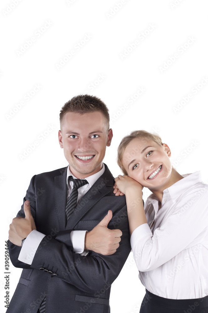 Happy smiling successful gesturing businesspeople Happy smiling successful gesturing businesspeople
