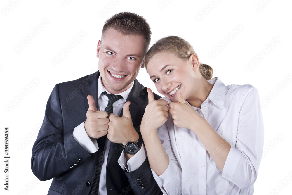Happy smiling successful gesturing businesspeople Happy smiling successful gesturing businesspeople