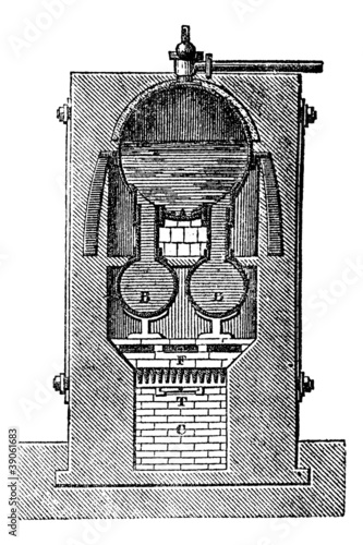 High pressure steam generator, vintage engraving.