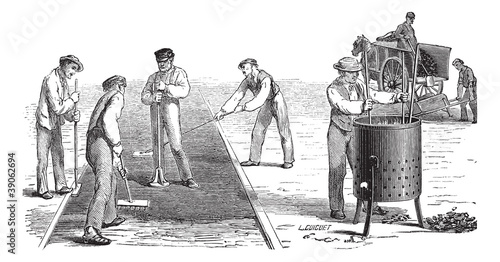 Road workers doing asphalt vintage engraving