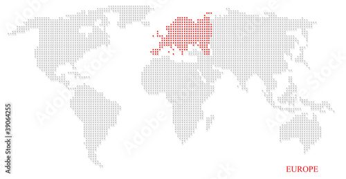 World dotted map highlight with red on Europe continent