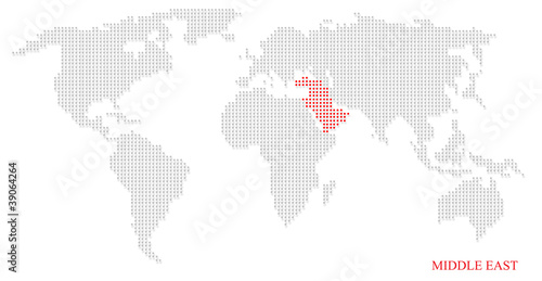World dotted map highlight with red on Middle East continent