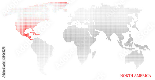 World dotted map highlight with red on North America continent 