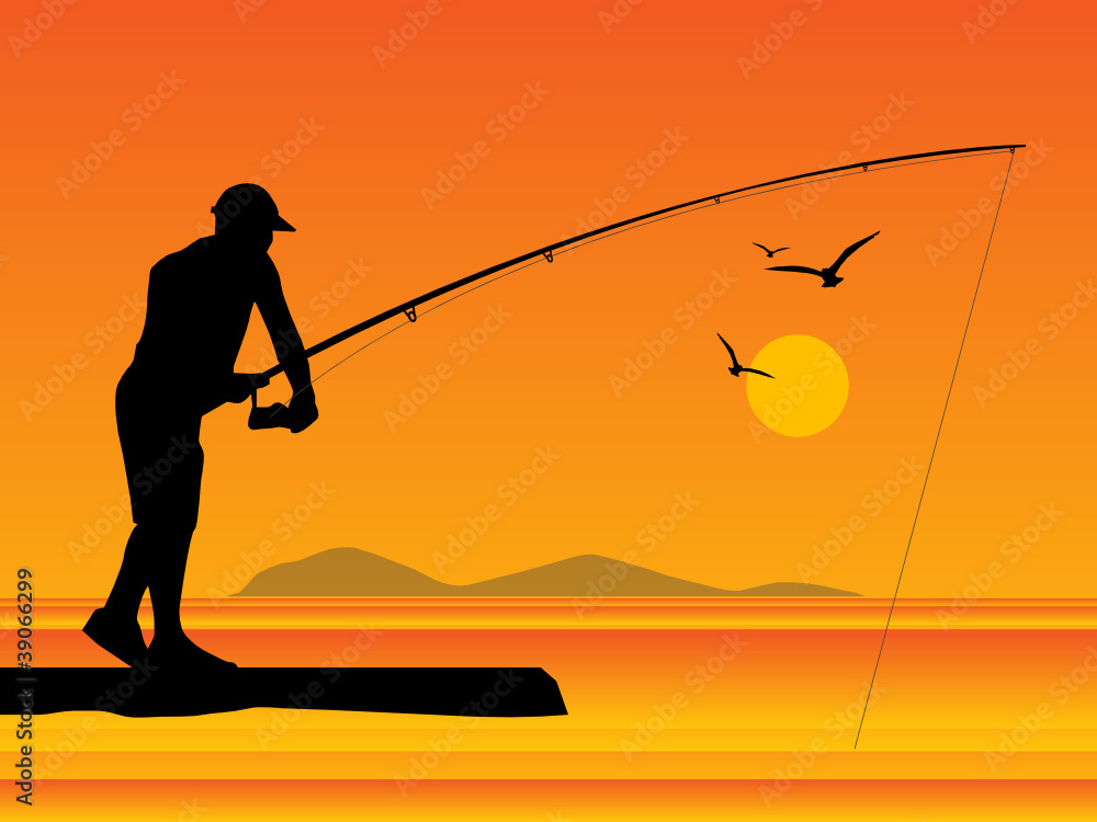 Fisherman silhouette at sunset, vector illustration Stock Vector