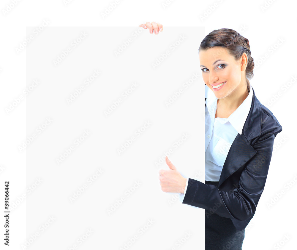 Beautiful business woman with a white banner. Beautiful business woman with a white banner.