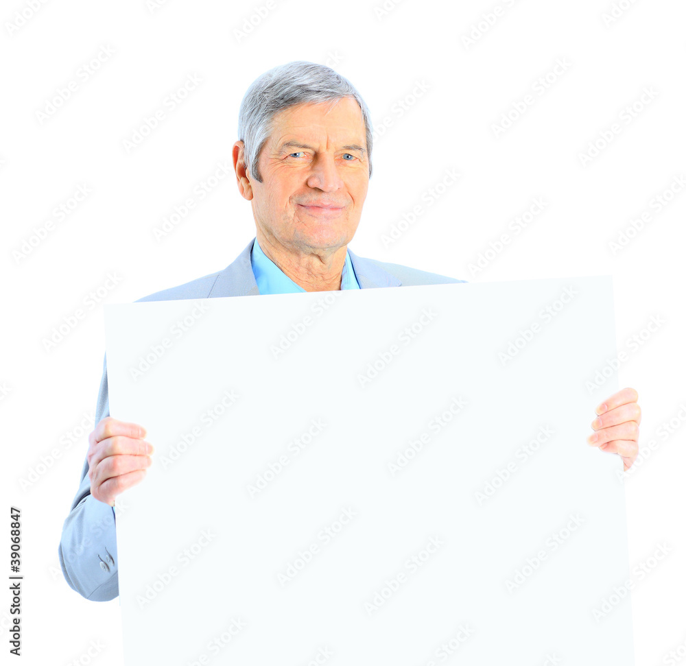 Nice businessman at the age holds white poster Nice businessman at the age holds white poster