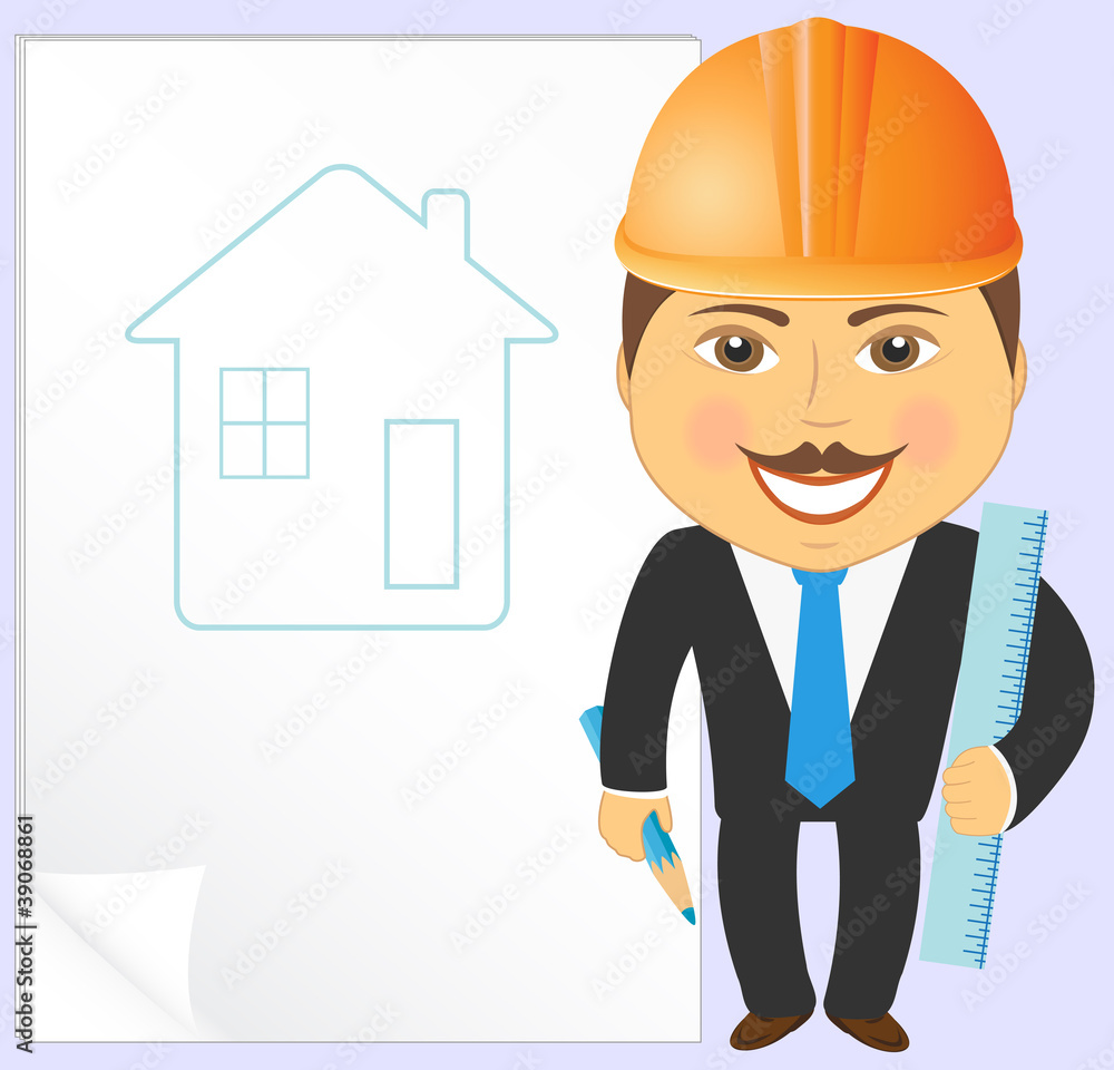cartoon engineer with house project, pencil and ruler Stock Vector ...