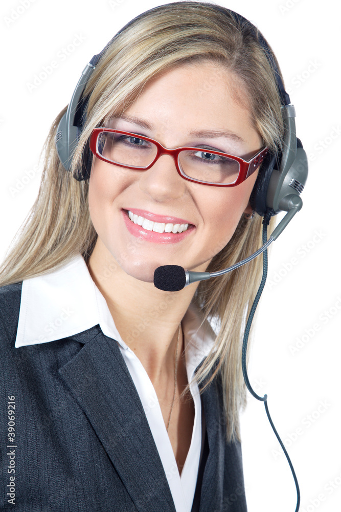 Hübsche Frau Gesicht mit Headset Nahaufnahme Hübsche Frau Gesicht mit Headset Nahaufnahme