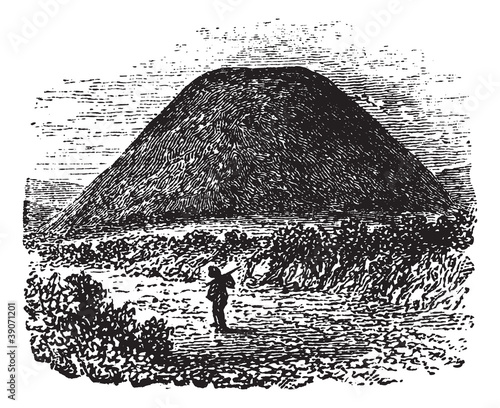 Tumulus at Silbury Hill, Wiltshire, England, UK, vintage engravi