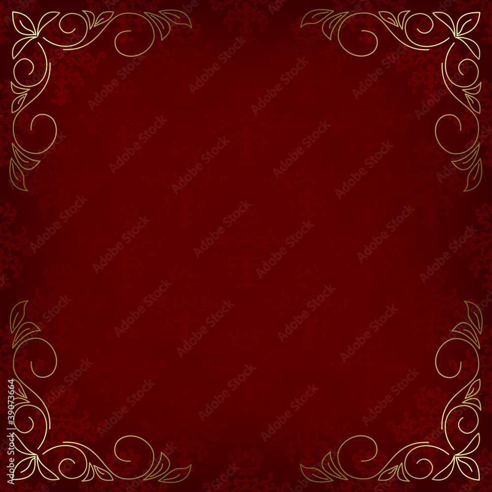 dark red card with pattern and golden decor in the corners - vec