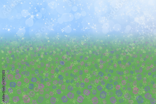 Pretty Spring Background  Blue Sparkly Sky Meadow Grass Flowers