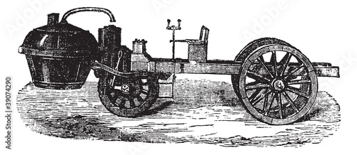 Steam-powered Tricycle, vintage engraving