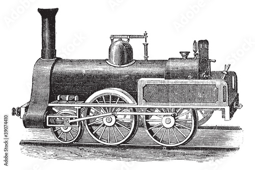 English Steam Locomotive, vintage engraving