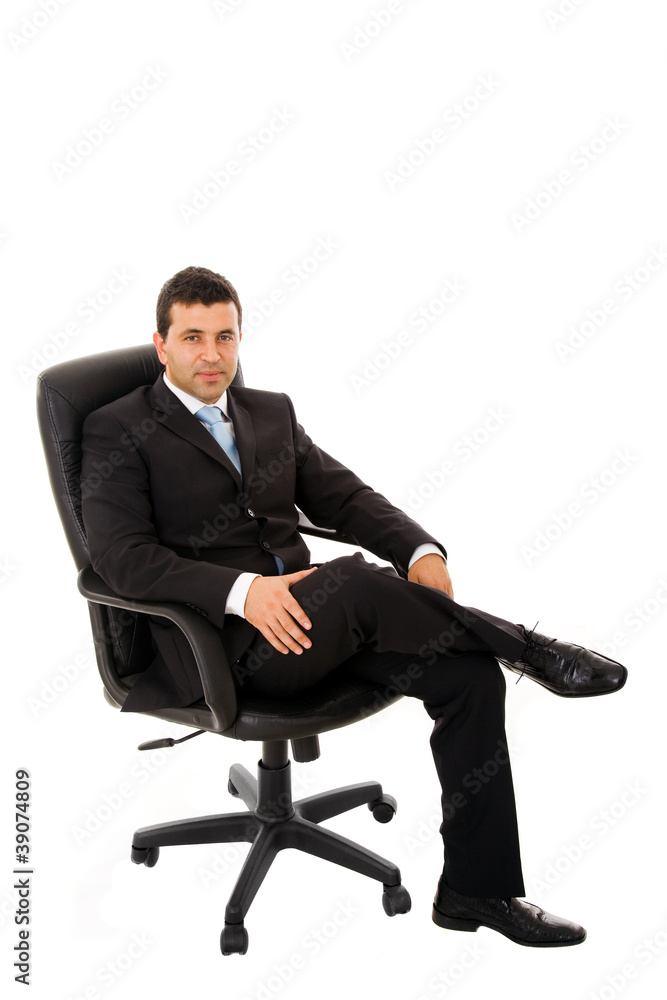 relaxed business man sits on office chair over white background relaxed business man sits on office chair over white background