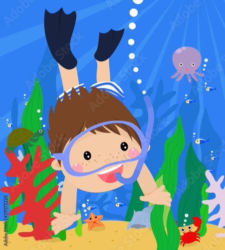 boy diving in the sea with mask and snorkel