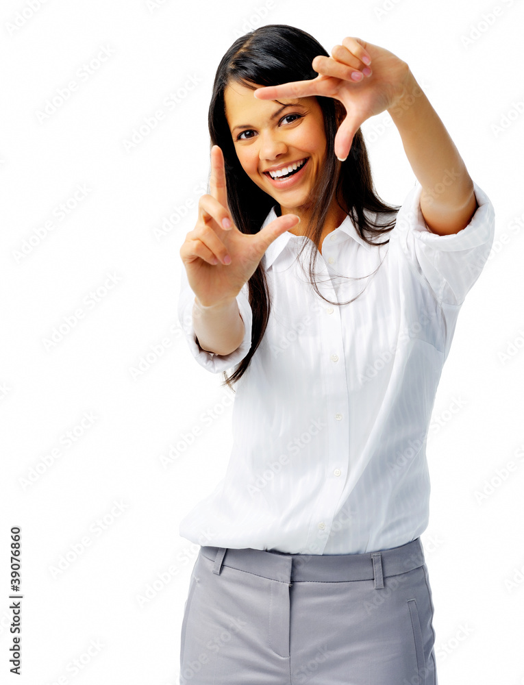 Smiling brunette framing her face Smiling brunette framing her face