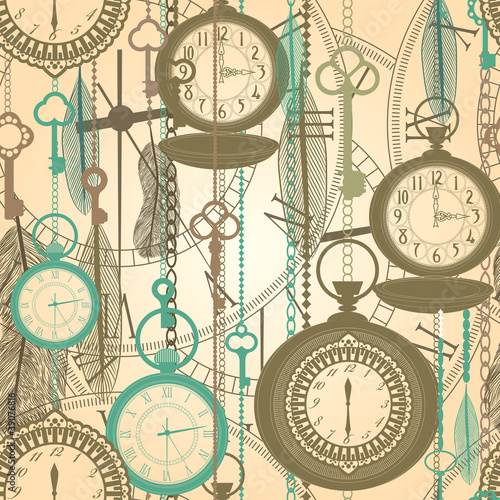 Vintage seamless pattern with watches, feathers and keys