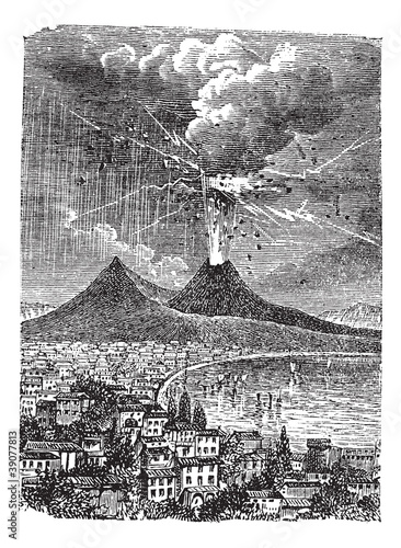 Eruption of Mount Vesuvius, in Naples, Italy, vintage engraving