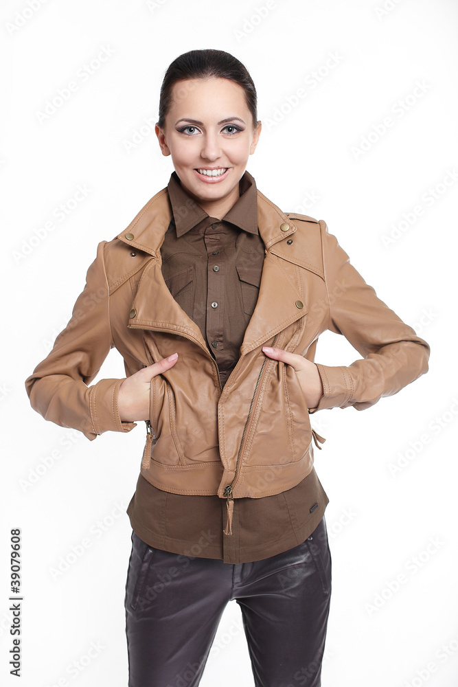 Young beautiful sexy smiling stylish woman in brown jacket Young beautiful sexy smiling stylish woman in brown jacket