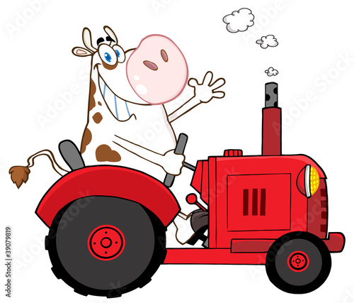Happy Cow Farmer In Red Tractor Waving A Greeting