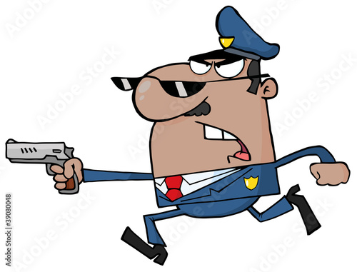 African American Police Officer Running With A Gun