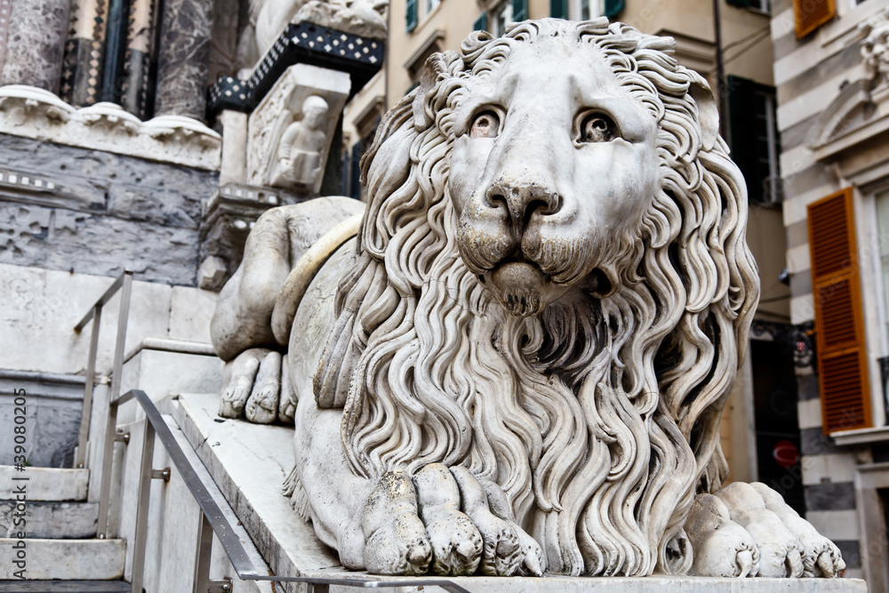 Marble Lion Guarding Cathedral of Saint Lawrence (Lorenzo) in Ge