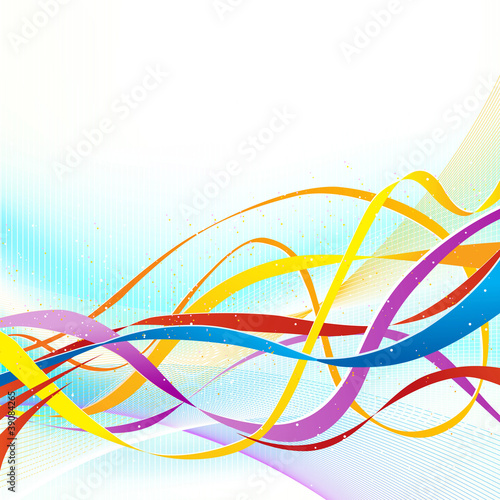Abstract colorful ribbons flowing on soft blue background.