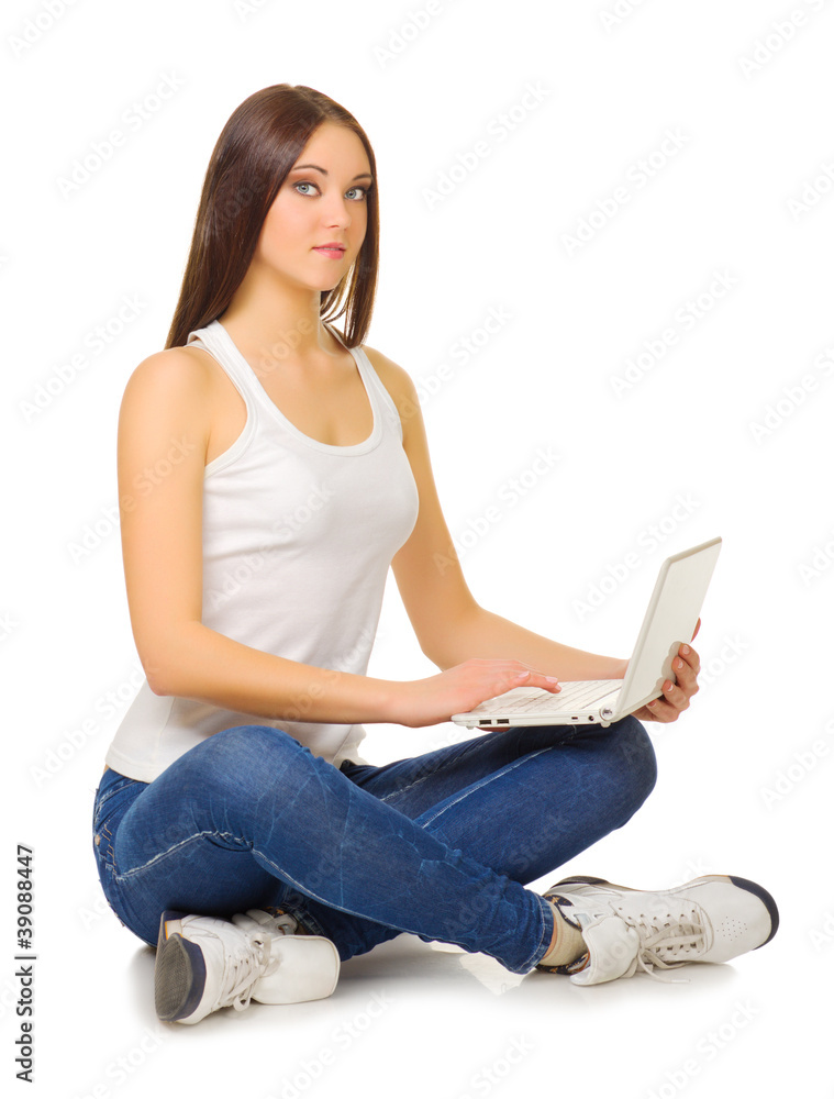 Naklejka premium Young girl with laptop