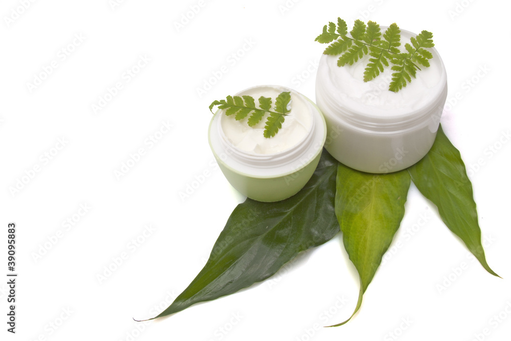 Cosmetic cream with leaf Cosmetic cream with leaf